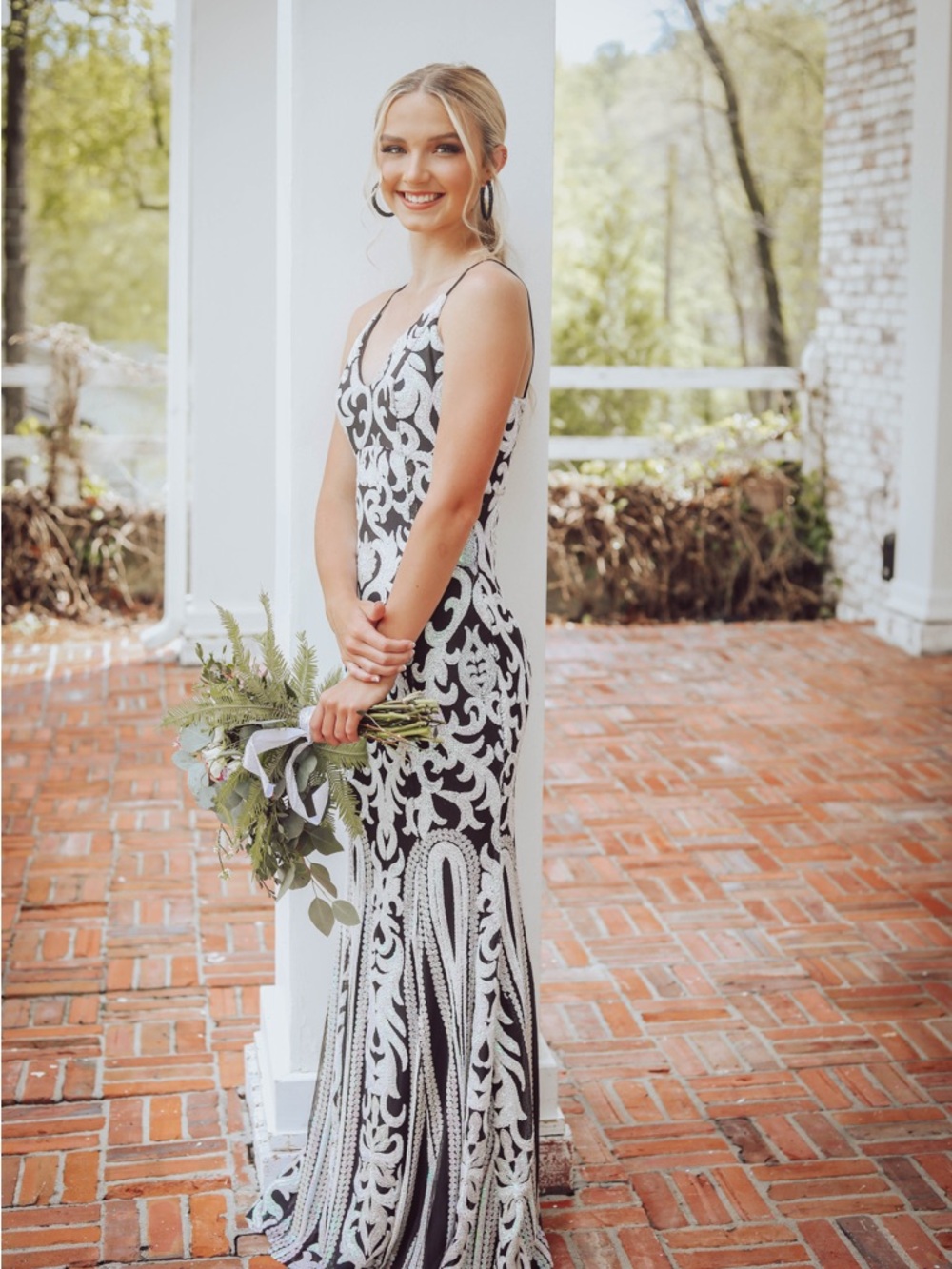 Black & White Lace-Pattern Satin Maxi Dress